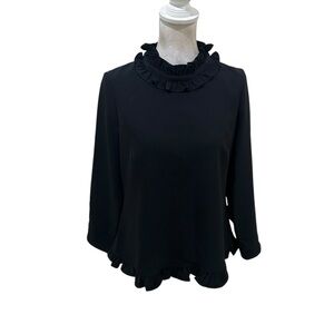 Sail to Sable Black Ruffle-Neck Long Sleeve Midweight Blouse back zip medium